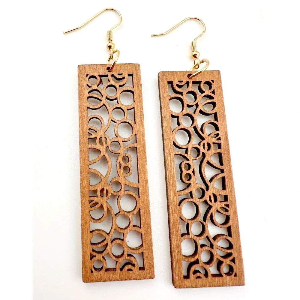 Art Deco Bubbles Laser Cut Wood Earrings Chestnut Brown